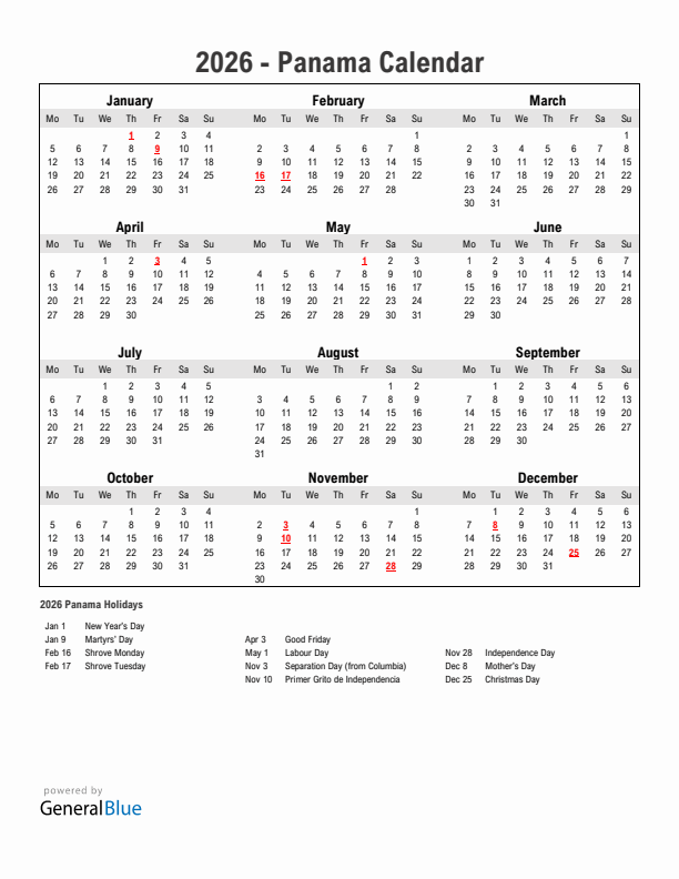 Year 2026 Simple Calendar With Holidays in Panama