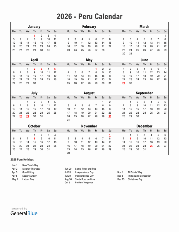 Year 2026 Simple Calendar With Holidays in Peru