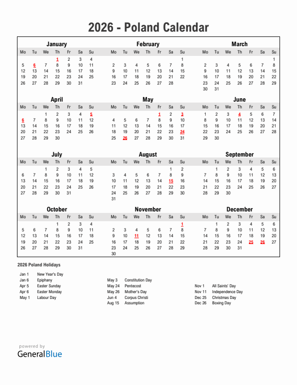 Year 2026 Simple Calendar With Holidays in Poland