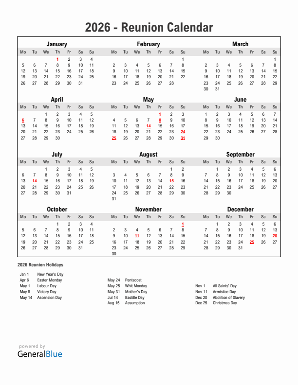 Year 2026 Simple Calendar With Holidays in Reunion