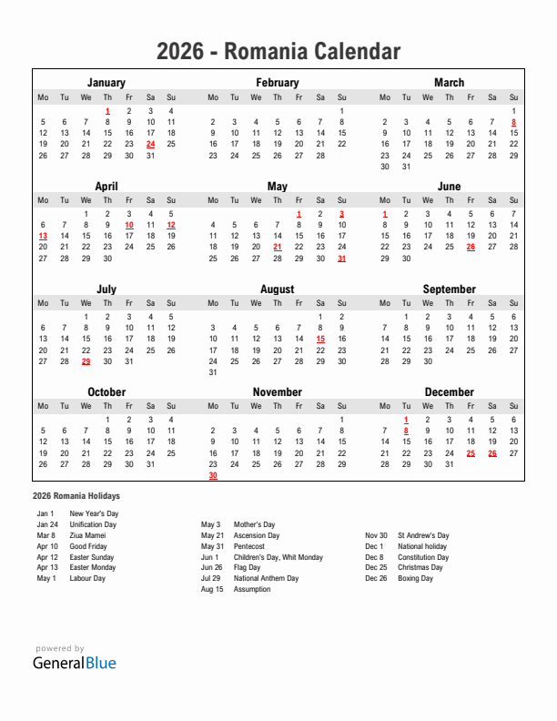 Year 2026 Simple Calendar With Holidays in Romania