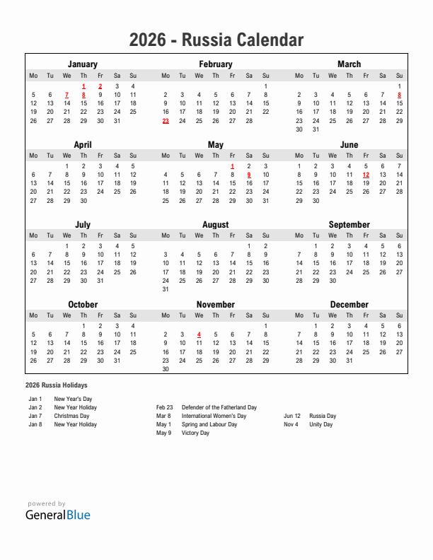 Year 2026 Simple Calendar With Holidays in Russia