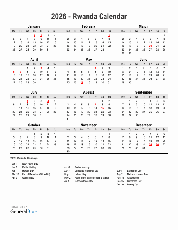 Year 2026 Simple Calendar With Holidays in Rwanda