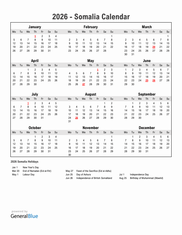 Year 2026 Simple Calendar With Holidays in Somalia