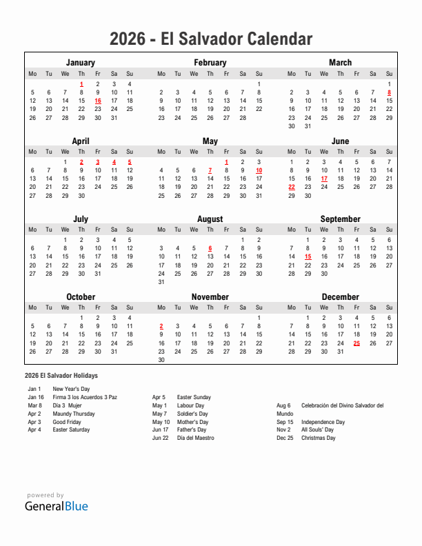 Year 2026 Simple Calendar With Holidays in El Salvador