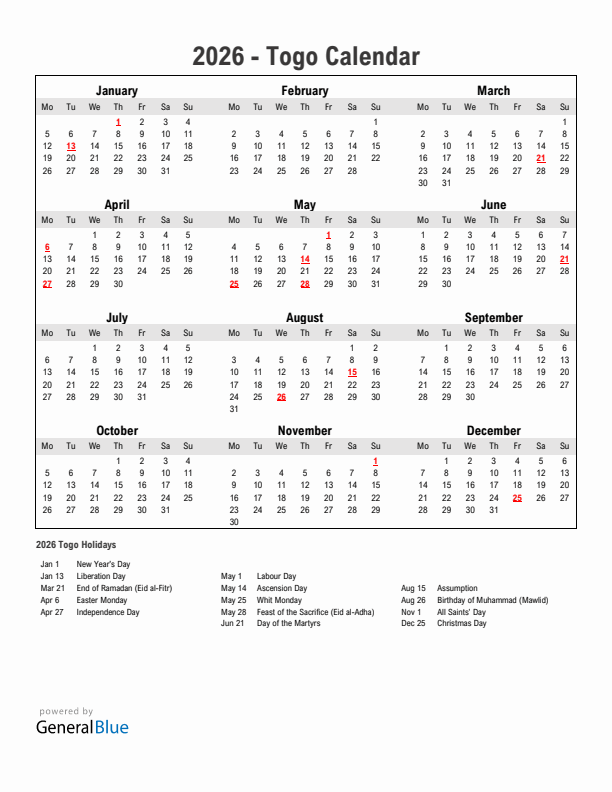 Year 2026 Simple Calendar With Holidays in Togo