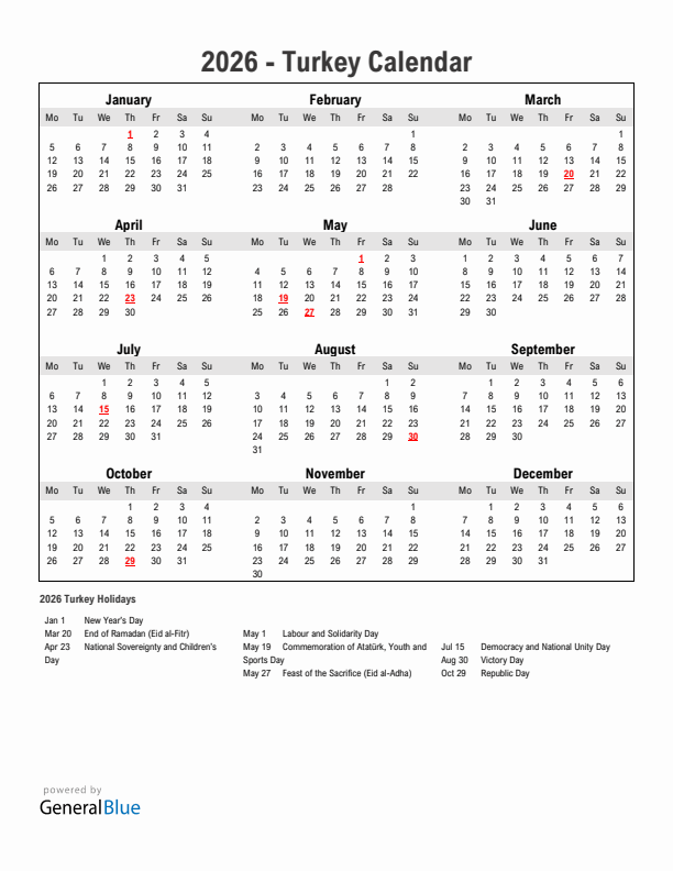 Year 2026 Simple Calendar With Holidays in Turkey