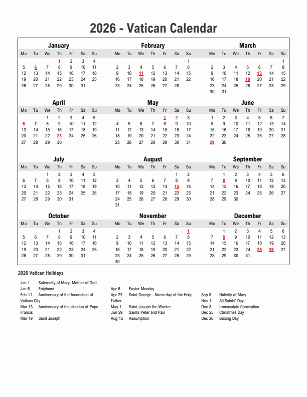 Year 2026 Simple Calendar With Holidays in Vatican