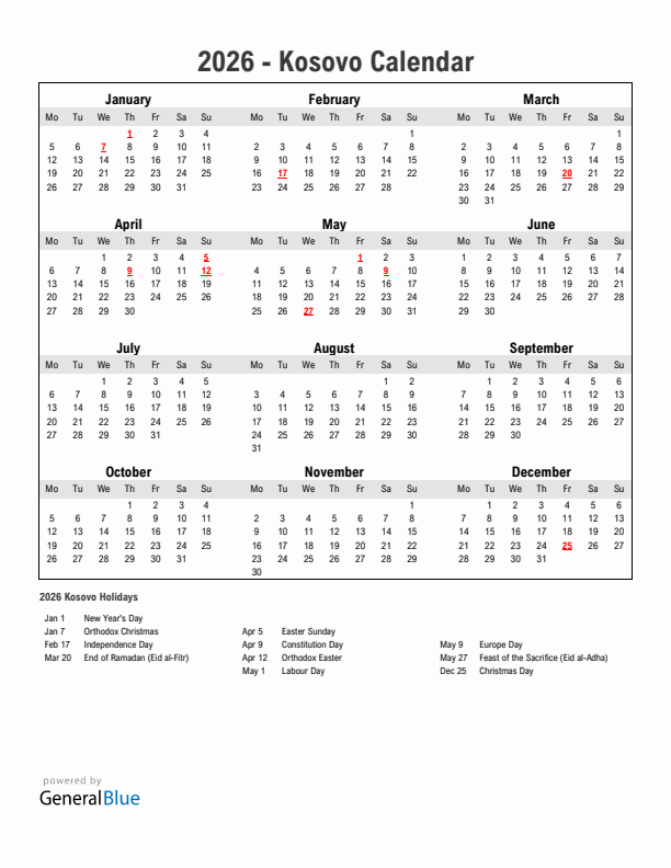 Year 2026 Simple Calendar With Holidays in Kosovo