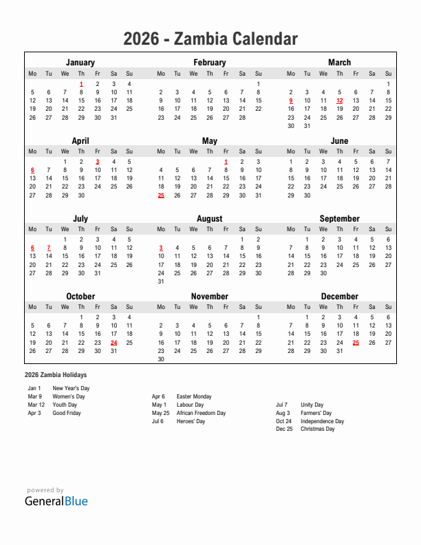 Year 2026 Simple Calendar With Holidays in Zambia