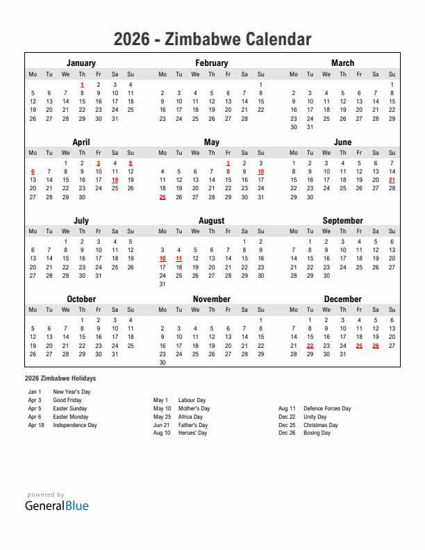 Year 2026 Simple Calendar With Holidays in Zimbabwe