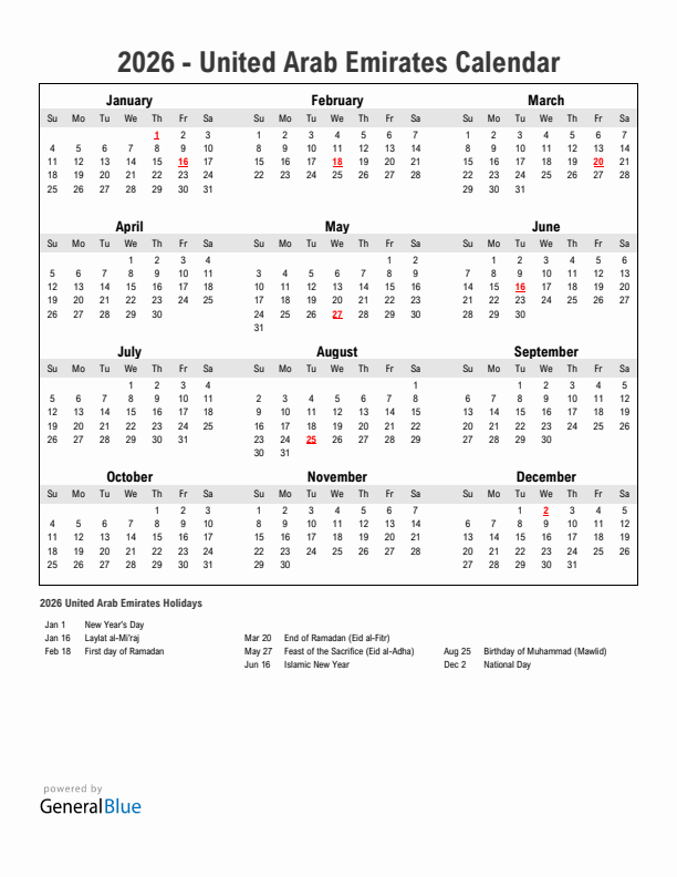 Year 2026 Simple Calendar With Holidays in United Arab Emirates