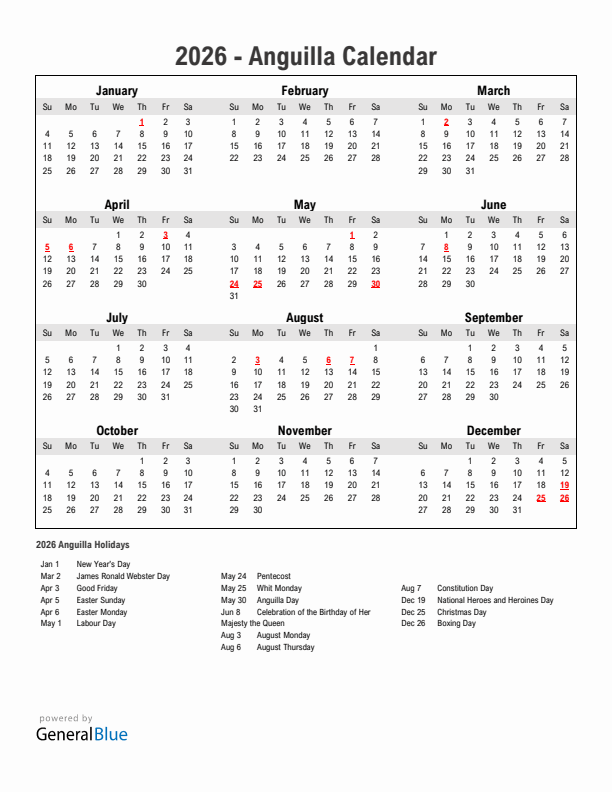 Year 2026 Simple Calendar With Holidays in Anguilla