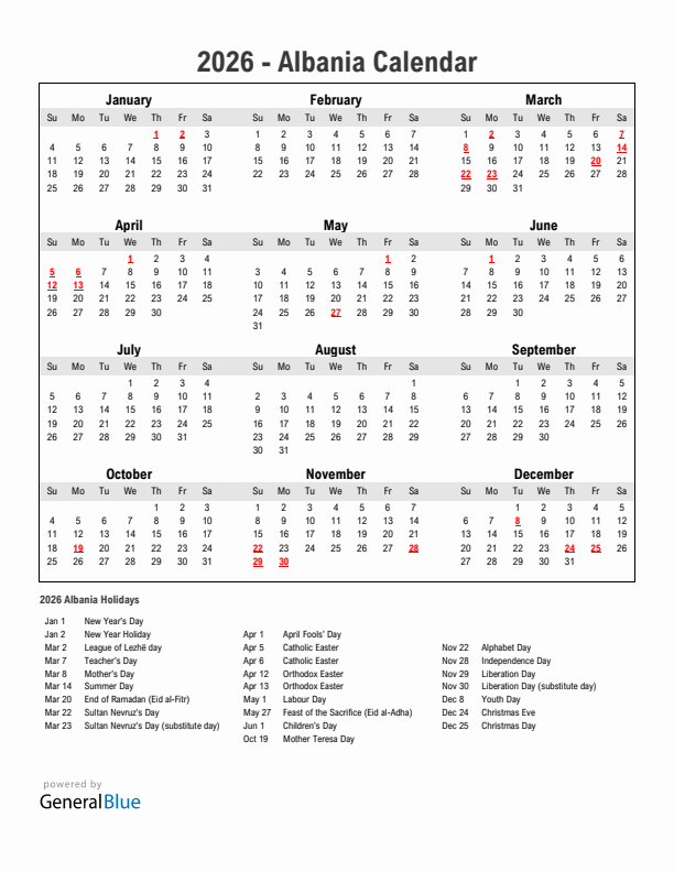 Year 2026 Simple Calendar With Holidays in Albania