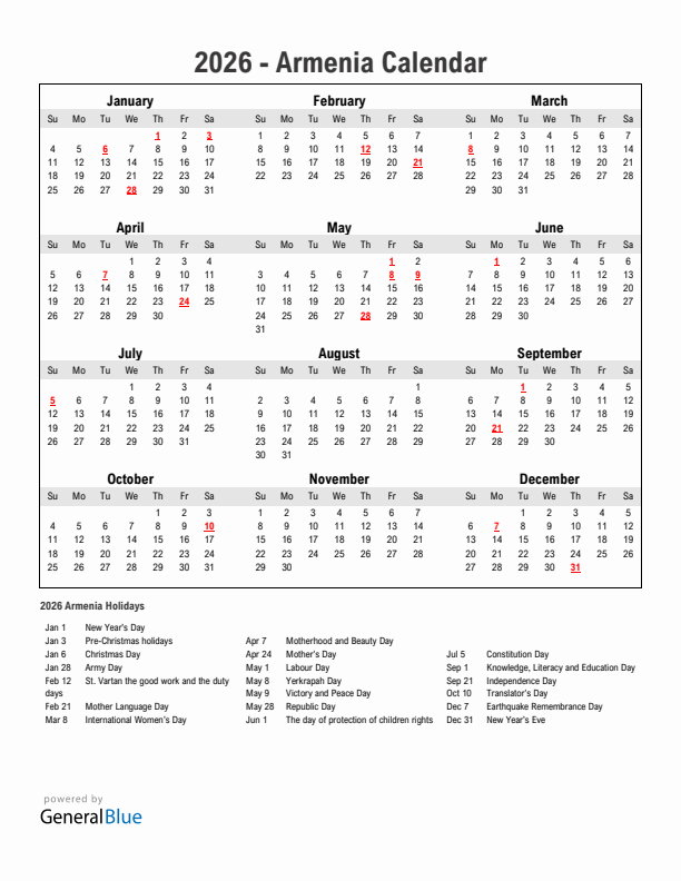 Year 2026 Simple Calendar With Holidays in Armenia