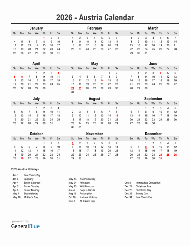 Year 2026 Simple Calendar With Holidays in Austria