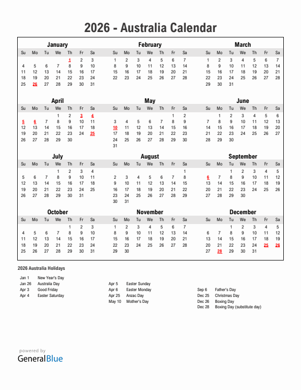 Year 2026 Simple Calendar With Holidays in Australia