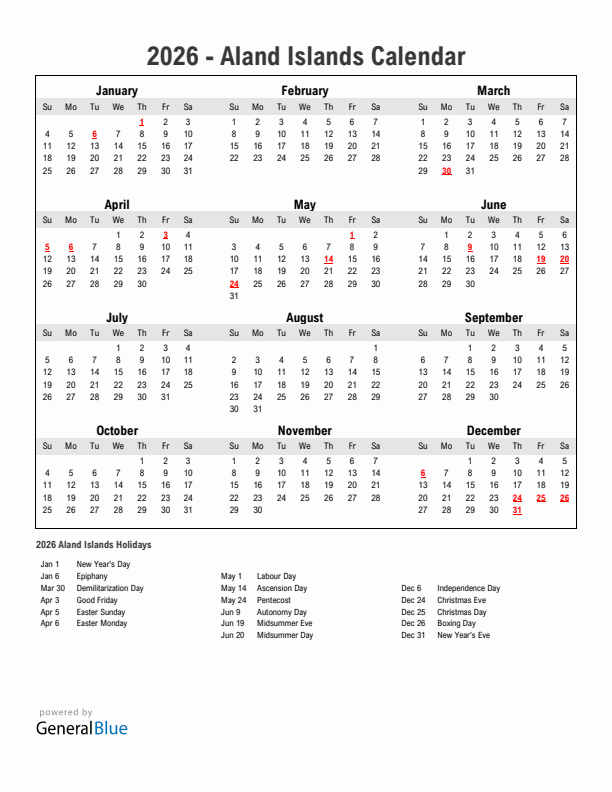 Year 2026 Simple Calendar With Holidays in Aland Islands
