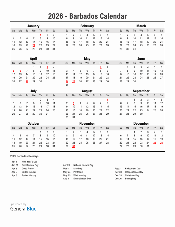 Year 2026 Simple Calendar With Holidays in Barbados