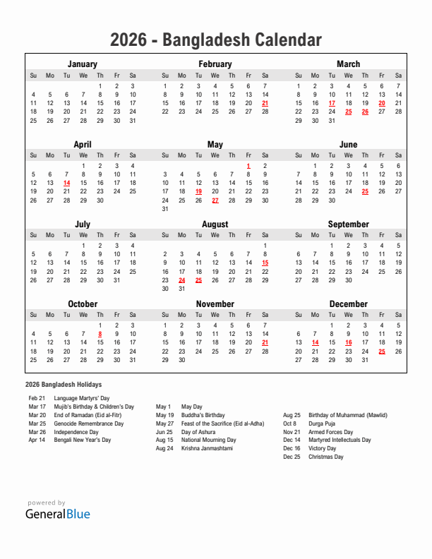 Year 2026 Simple Calendar With Holidays in Bangladesh