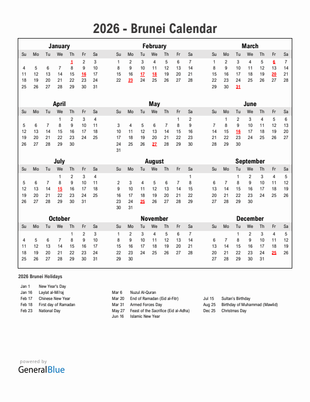 Year 2026 Simple Calendar With Holidays in Brunei