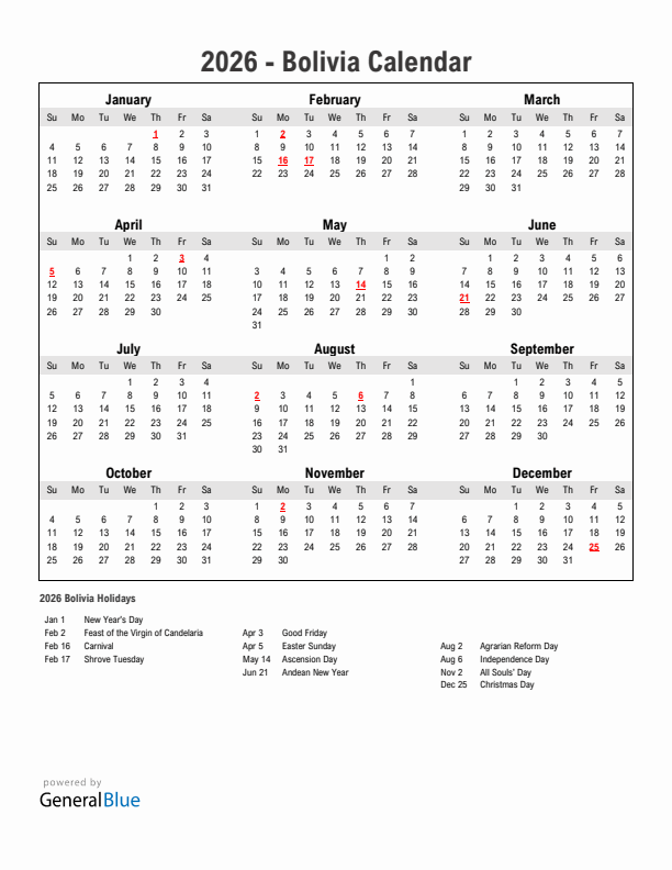 Year 2026 Simple Calendar With Holidays in Bolivia