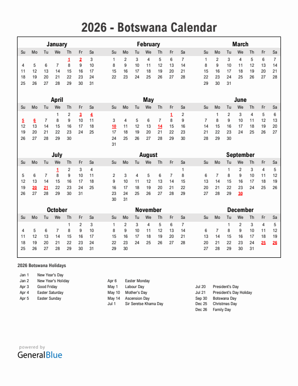 Year 2026 Simple Calendar With Holidays in Botswana