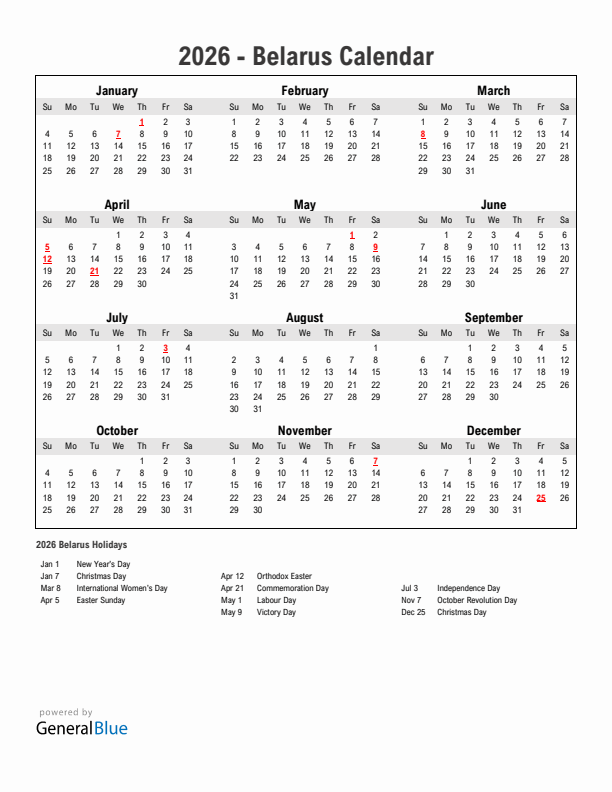Year 2026 Simple Calendar With Holidays in Belarus