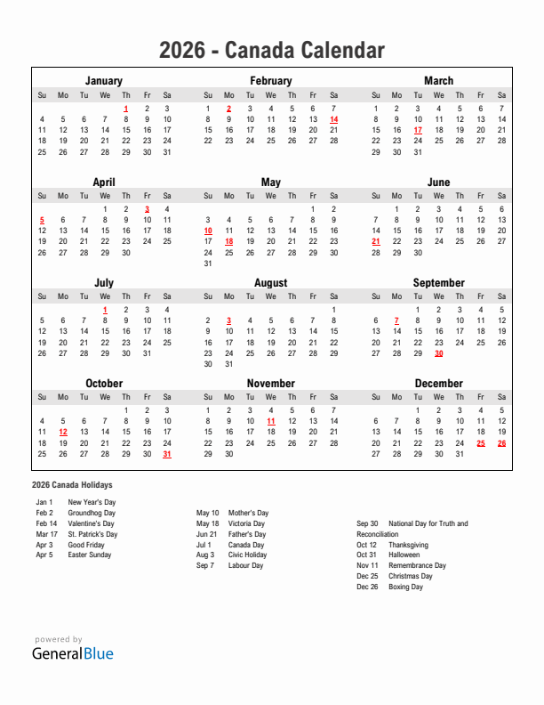 Year 2026 Simple Calendar With Holidays in Canada