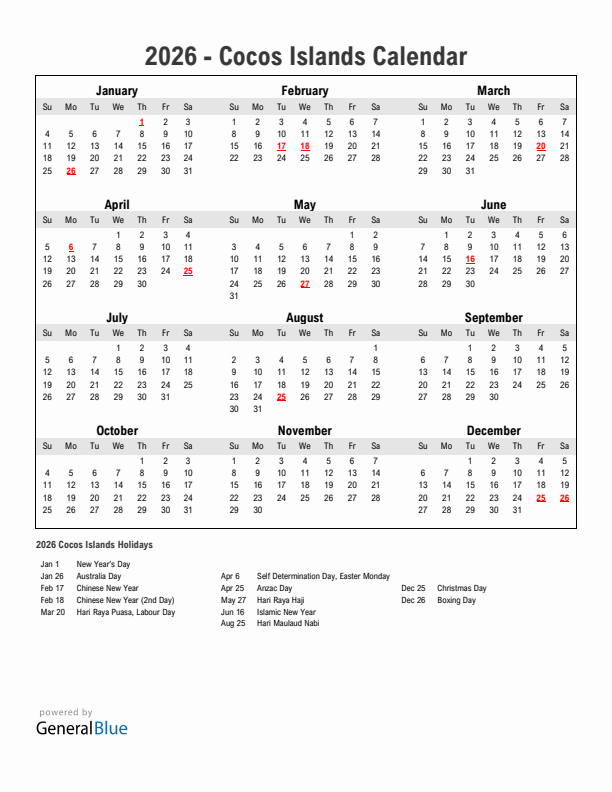 Year 2026 Simple Calendar With Holidays in Cocos Islands