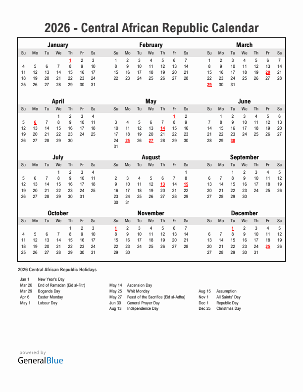 Year 2026 Simple Calendar With Holidays in Central African Republic