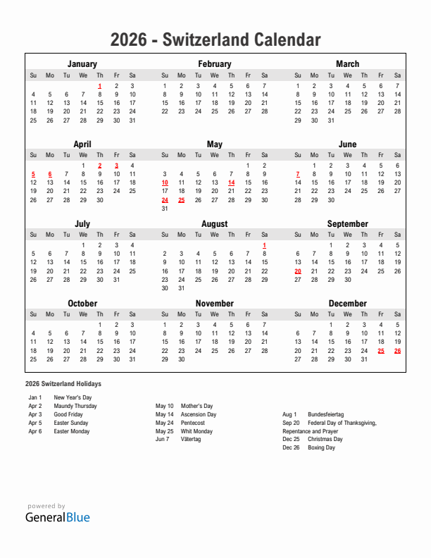 Year 2026 Simple Calendar With Holidays in Switzerland
