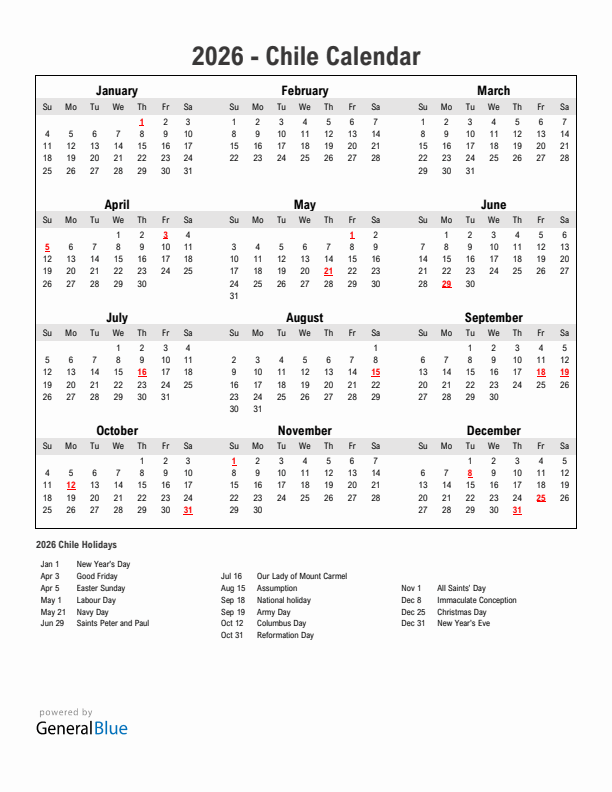 Year 2026 Simple Calendar With Holidays in Chile