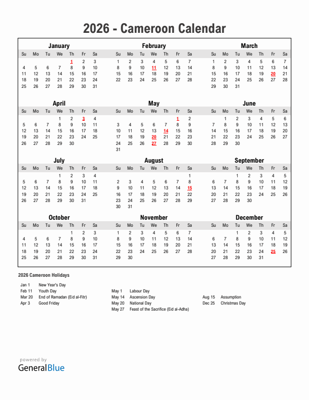 Year 2026 Simple Calendar With Holidays in Cameroon