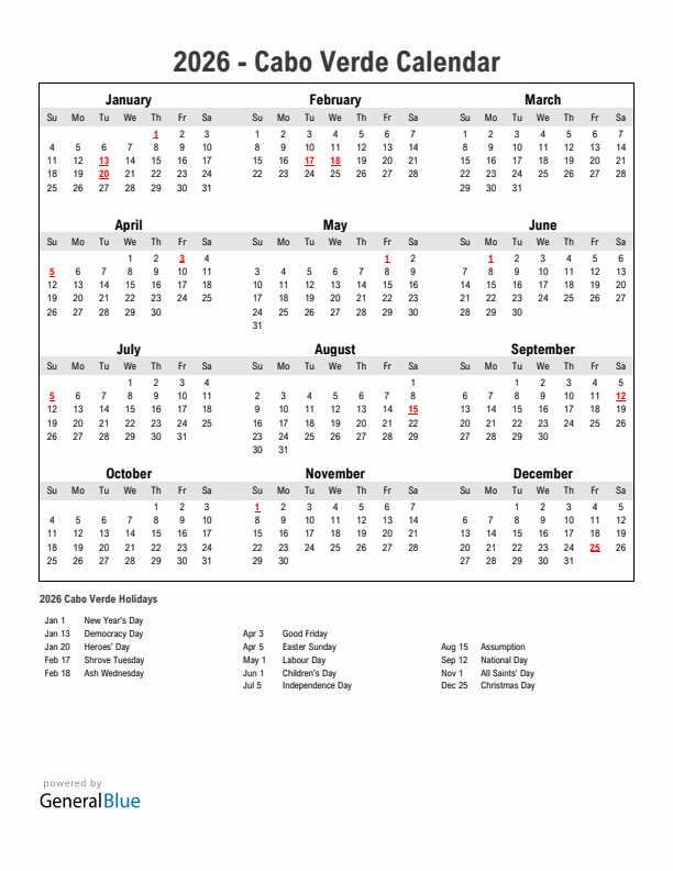 Year 2026 Simple Calendar With Holidays in Cabo Verde