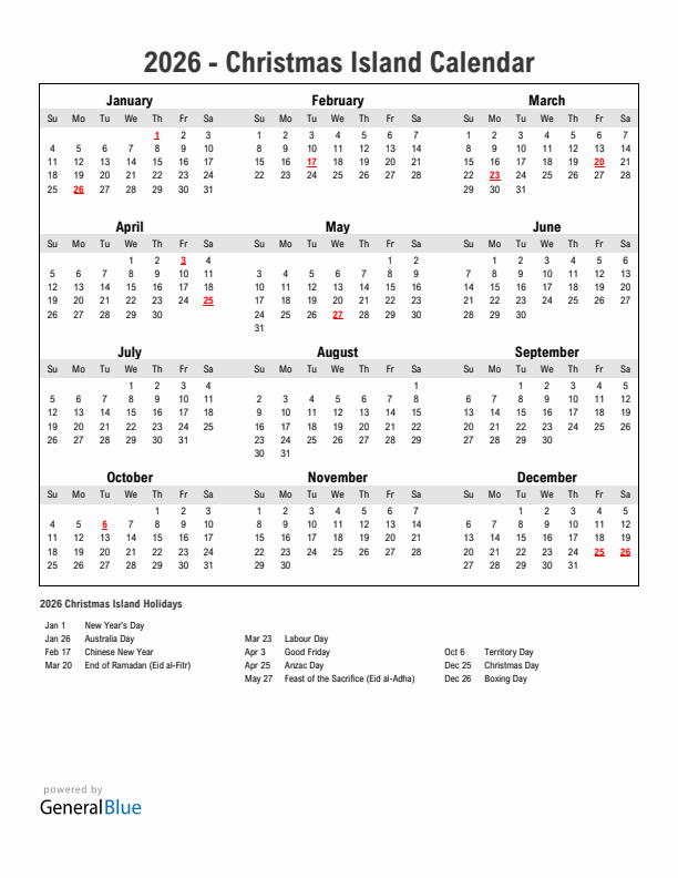 Year 2026 Simple Calendar With Holidays in Christmas Island