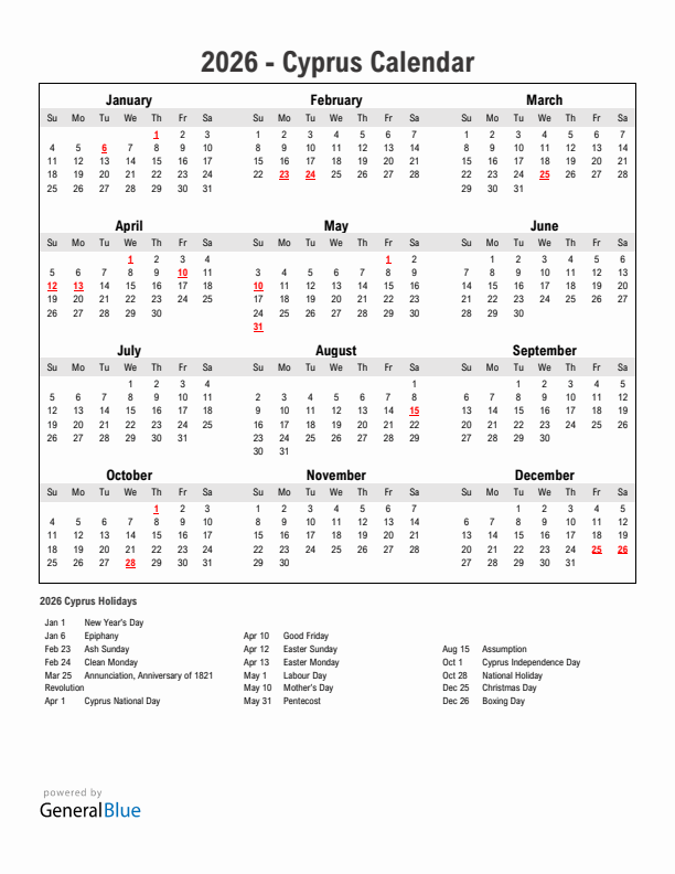 Year 2026 Simple Calendar With Holidays in Cyprus