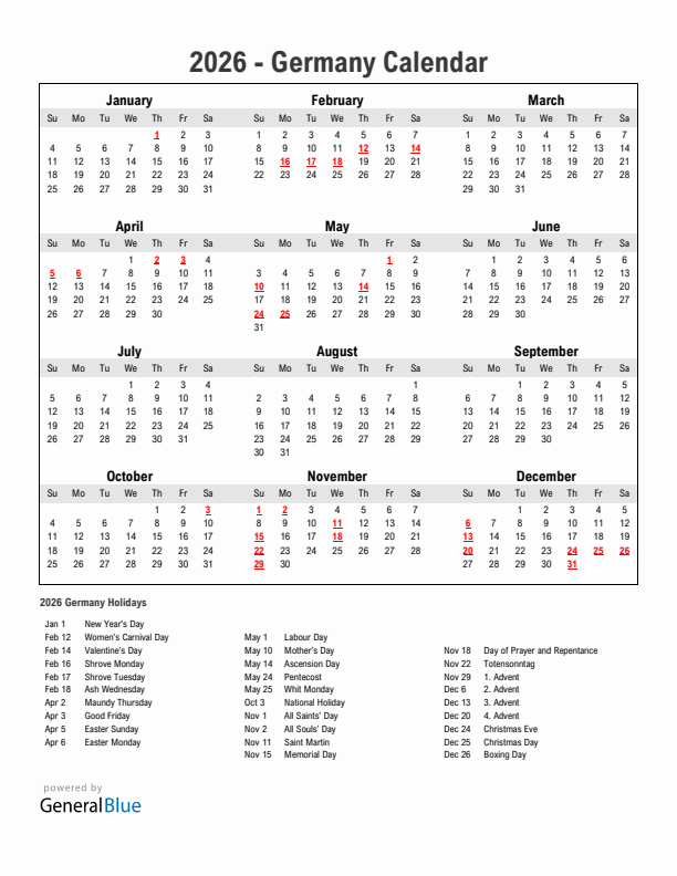 Year 2026 Simple Calendar With Holidays in Germany
