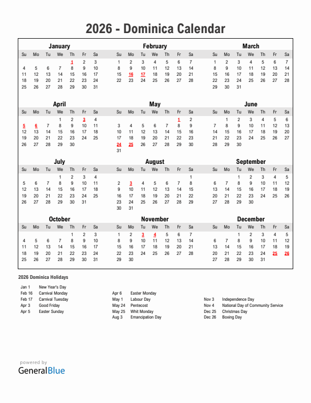 Year 2026 Simple Calendar With Holidays in Dominica