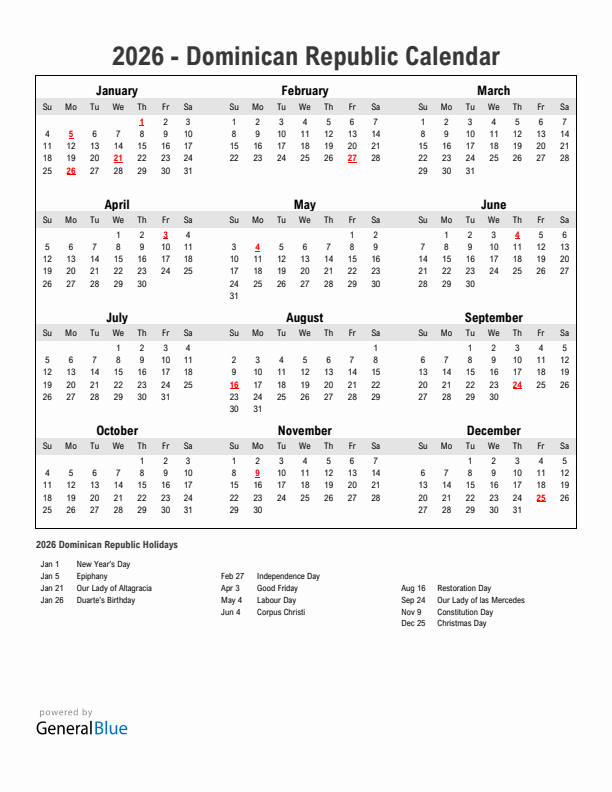 Year 2026 Simple Calendar With Holidays in Dominican Republic
