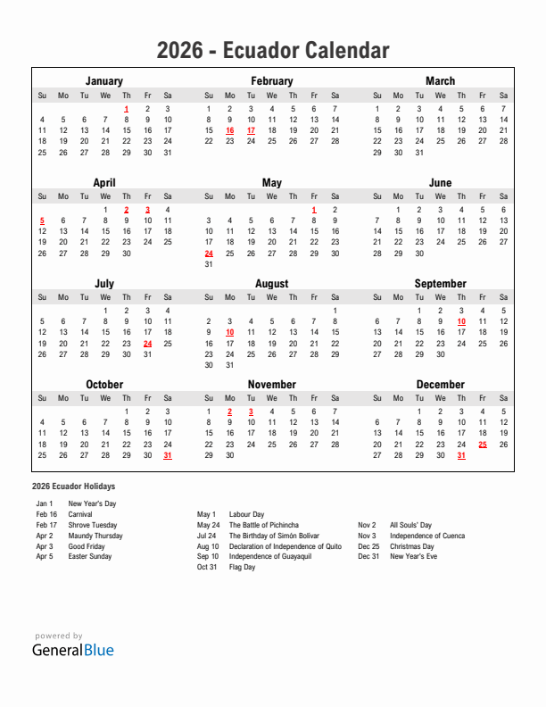 Year 2026 Simple Calendar With Holidays in Ecuador