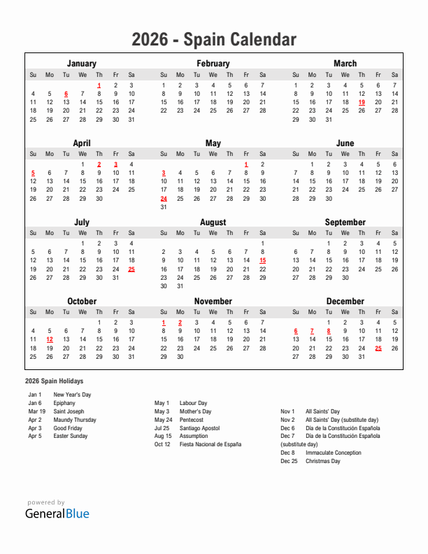 Year 2026 Simple Calendar With Holidays in Spain