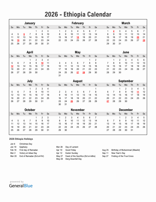 Year 2026 Simple Calendar With Holidays in Ethiopia