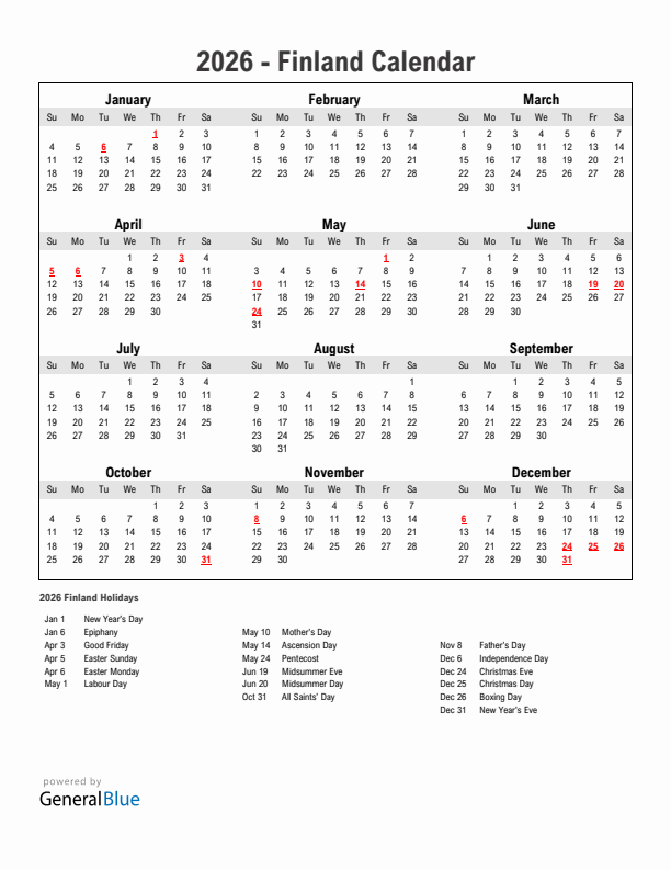 Year 2026 Simple Calendar With Holidays in Finland