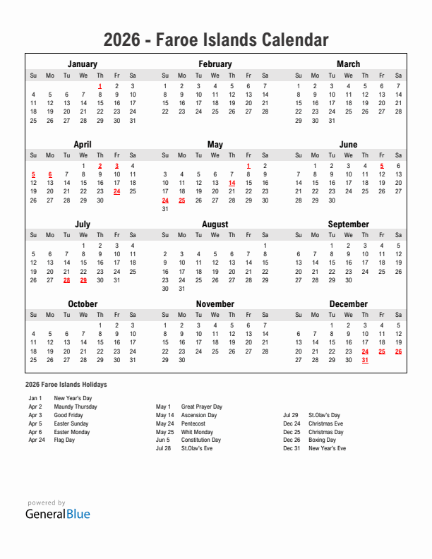 Year 2026 Simple Calendar With Holidays in Faroe Islands