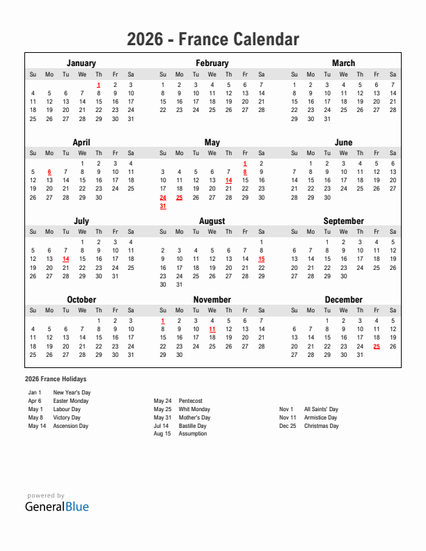 Year 2026 Simple Calendar With Holidays in France