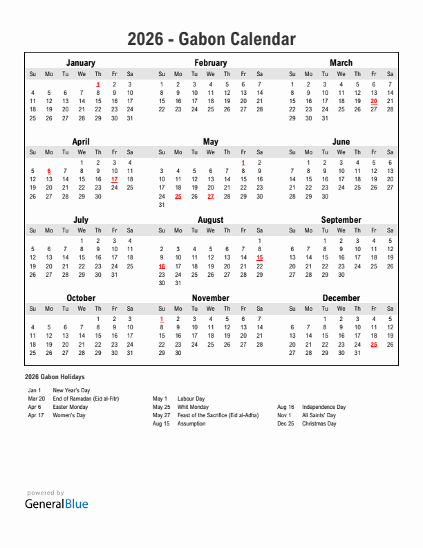 Year 2026 Simple Calendar With Holidays in Gabon