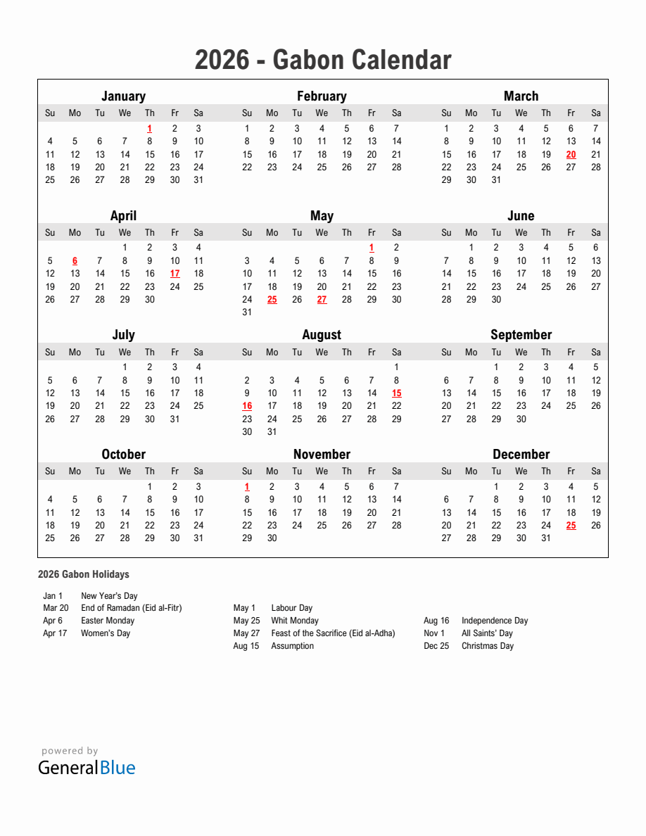 Year 2026 Simple Calendar With Holidays In Gabon