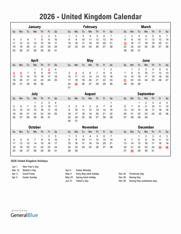 Year 2026 Simple Calendar With Holidays in United Kingdom