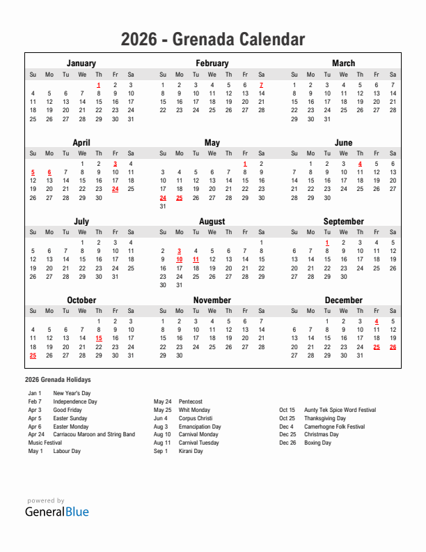Year 2026 Simple Calendar With Holidays in Grenada